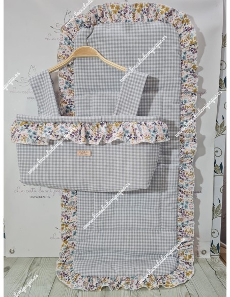 Bolso Minibag y Funda Universal Vichy Gris pequeño Volante flores otoñales rosa
