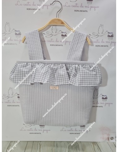 Bolso Pocket Cremallera con tejido de Waffle gris y Volante con tejido vichy gris cuadro pequeño