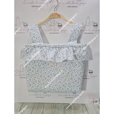 Bolso Pocket Cremallera Flores Celeste Volante