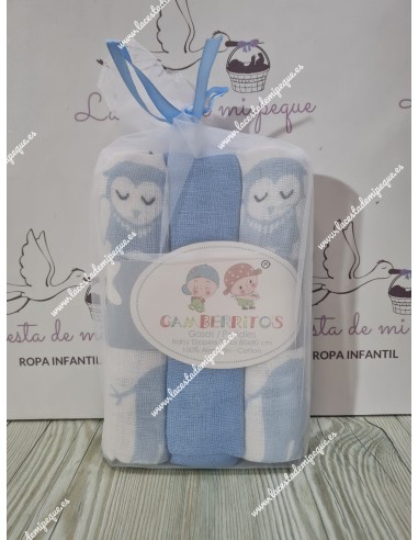 Gasa Bebe Celeste Búhos (pack de 3 unidades)