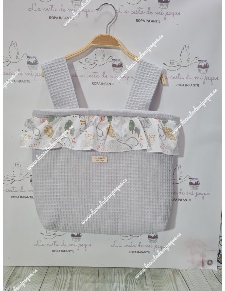 Bolso Pocket Cremallera con tejido de Waffle gris y Volante con tejido estampado de elefantes