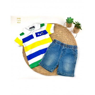 Conjunto Polo Rayas y Bermuda Jeans (Amarillo)