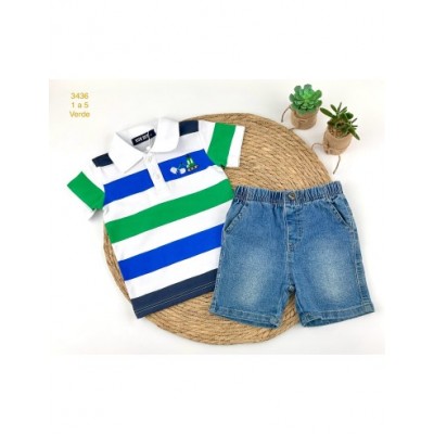 Conjunto Polo Rayas y Bermuda Jeans (Verde)