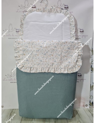 Saco Capazo Desmontable Waffle Verde Jade, Bambula Blanca y Flores Camel