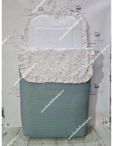 Pack Bolso, Cubrecapazo y Saco Desmontable Waffle Verde Jade Combi Flores Camel
