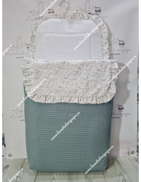 Pack Bolso, Cubrecapazo y Saco Desmontable Waffle Verde Jade Combi Flores Camel