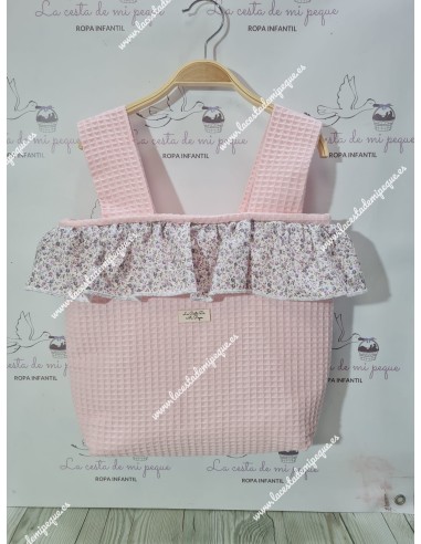Pack Bolso, Cubrecapazo y Saco Desmontable Waffle Rosa, bambula y Flores Morado y Gris