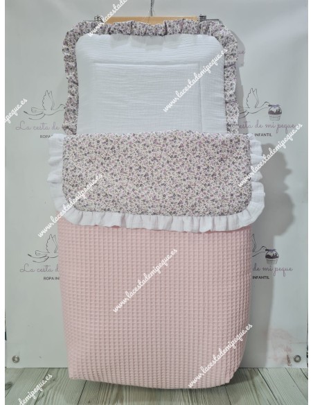 Pack Bolso, Cubrecapazo y Saco Desmontable Waffle Rosa, bambula y Flores Morado y Gris