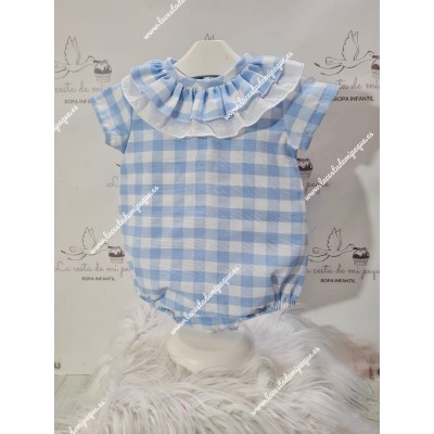 Pelele Vichy Celeste Cuadros-M M/C Doble Cuello Plumeti