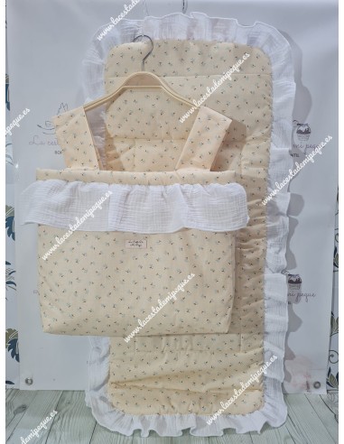 Bolso Cremallera y Funda Universal Flores Turquesa Fondo Beige Combi Bambula Blanca Volante