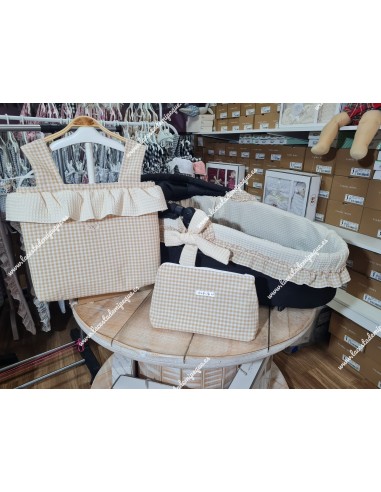 Funda Cubre-Capazo Universal Waffle Beige Volante Vichy Beige Cuadros-P
