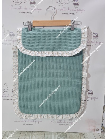Pack Bolso, Cubrecapazo, Colchoneta Capazo, Funda, Cojín Antivuelco y Colcha Waffle Verde Jade Combi Flores Camel