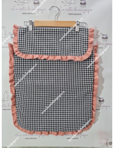 Pack Bolso, Colchoneta, Cojín Antivuelco, Cubrecapazo y Colcha Vichy Negro Cuadros-P Combi Bambula Rosa Emp