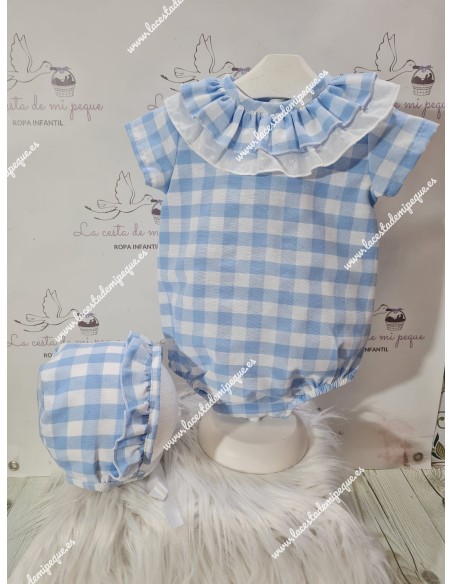 Pelele Vichy Celeste Cuadros-M M/C Doble Cuello Plumeti