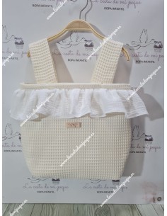 Bolso Pocket Cremallera con tejido de Waffle beige y Volante con tejido de bambula blanca