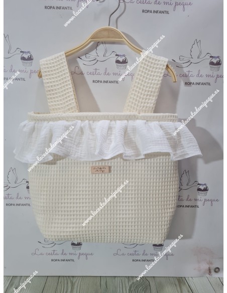 Bolso Pocket Cremallera con tejido de Waffle beige y Volante con tejido de bambula blanca