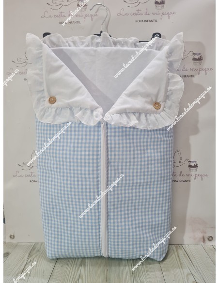 Saco Universal Capazo Vichy Celeste Cuadros-P Volante Plumeti Blanco e interior tejido algodón