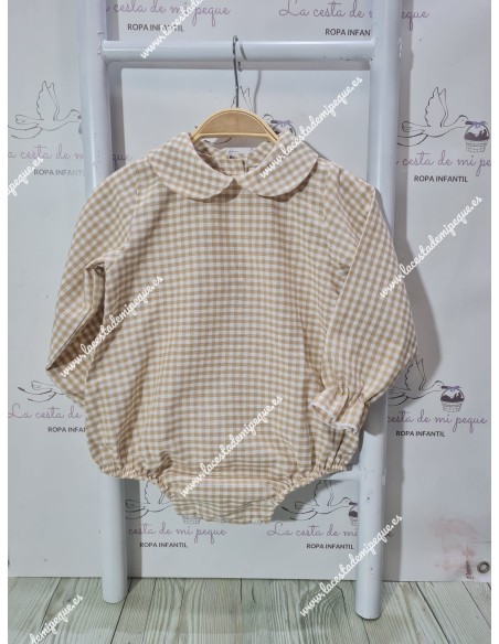 Pelele Vichy Beige cuadro Pequeño manga larga y cuello bebe