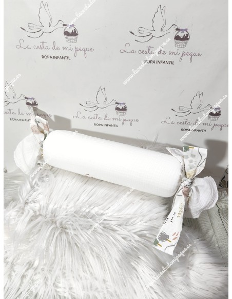 Cojín antivuelco o caramelo Bambula Blanco Lazo Elefantes Gris