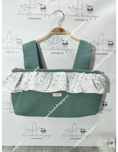 Bolso Minibag Cremallera Waffle Verde Jade con volante flores y hojas en tonos camel