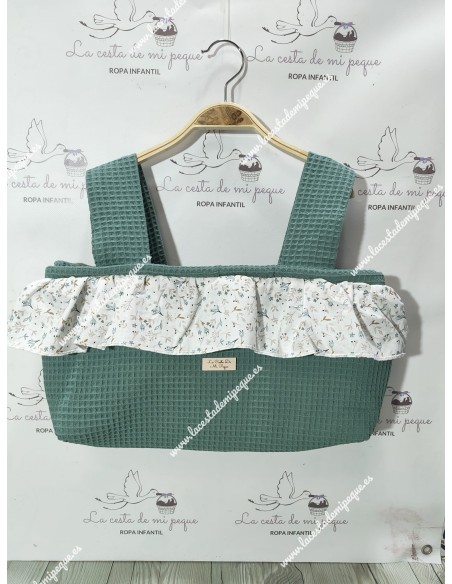 Bolso Minibag Cremallera Waffle Verde Jade con volante flores y hojas en tonos camel