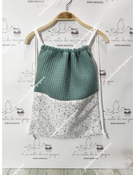 Mochila Tipo Talega Waffle Verde Jade Combi Flores Camel