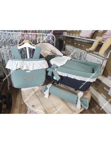 Saco Capazo Desmontable Waffle Verde Jade, Bambula Blanca y Flores Camel