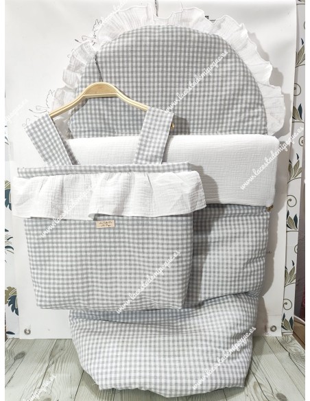 Pack Bolso cremallera pocket volante y Saco silla Universal Vichy Gris Cuadros pequeño Combi
