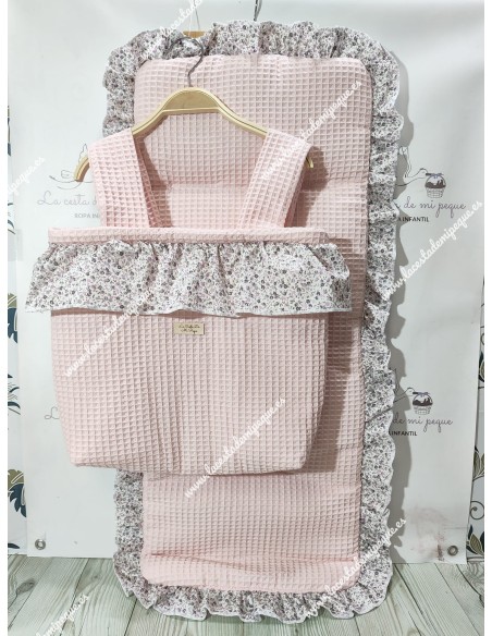 Bolso Pocket Cremallera Waffle Rosa Volante Flores Morado y gris