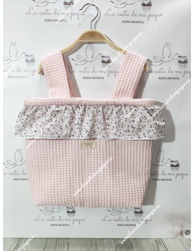 Bolso Pocket Cremallera Waffle Rosa Volante Flores Morado y gris