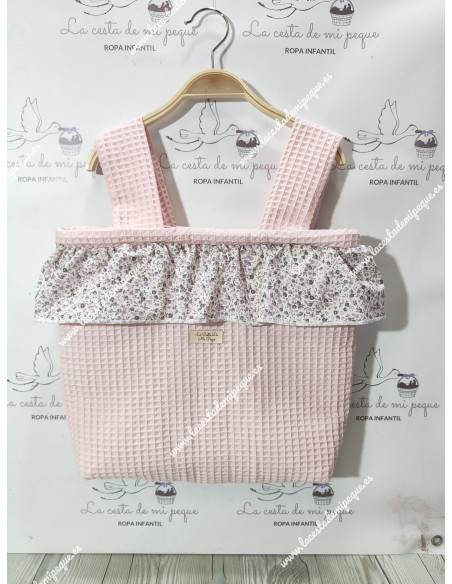 Bolso Pocket Cremallera Waffle Rosa Volante Flores Morado y gris