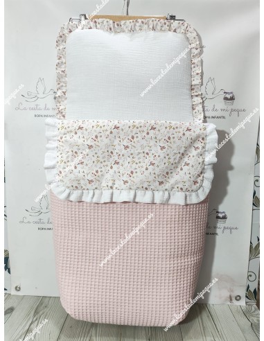 Pack Bolso, Cubrecapazo y Saco Desmontable Waffle Rosa Combi Flores y hojas rosa