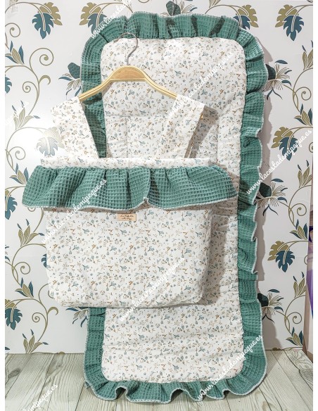 Bolso pocket volante Cremallera y Funda Universal volante entero Waffle Verde Jade y flores Camel