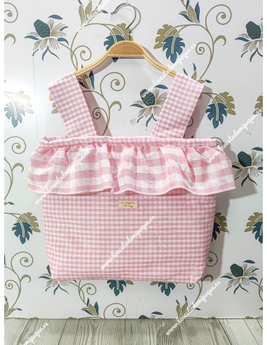 Pack Bolso Pocket volante y Saco Universal Vichy Rosa bebé combinada con cuadro pequeño y mediano
