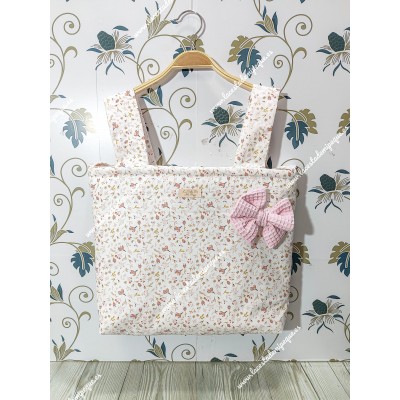 Bolso Pocket Cremallera Flores y Hojas Rosa Lazo Waffle Rosa