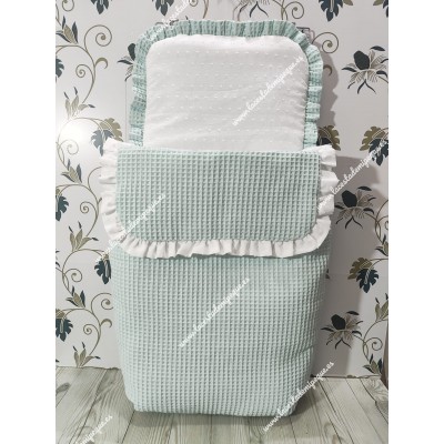 Saco Capazo Desmontable Waffle Verde Agua y Plumeti Blanco
