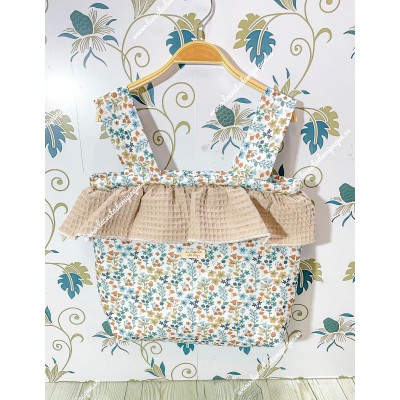 Bolso Pocket Cremallera Flores Otoñales Celeste Volante...