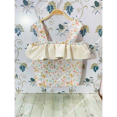 Bolso Pocket Cremallera Flores Turquesa Volante Waffle Beige