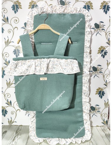 Bolso pocket volante Cremallera y Funda Universal volante entero Waffle Verde Jade y flores