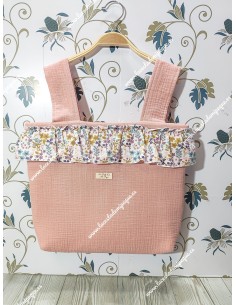 Bolso Pocket Cremallera Bambula Rosa Empolvado Volante Flores Otoñales Rosa