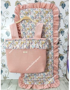Bolso pocket volante Cremallera y Funda Universal volante entero bambula Rosa empolvado y flores otoñales rosa