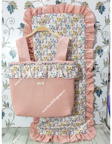 Bolso pocket volante Cremallera y Funda Universal volante entero bambula Rosa empolvado y flores otoñales rosa