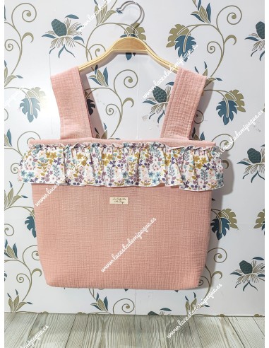 Bolso pocket volante Cremallera y Funda Universal volante entero bambula Rosa empolvado y flores otoñales rosa