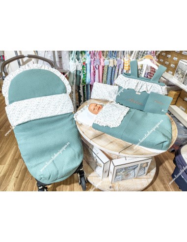 Saco Capazo Desmontable Waffle Verde Jade, Bambula Blanca y Flores Camel