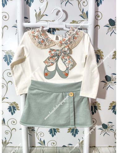 Conjunto Falda Pantalón Bailarinas Crudo-Verde
