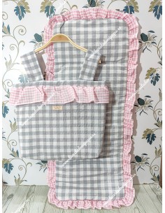 Bolso y Funda Universal Vichy Gris Mediano Combi Rosa Pequeño
