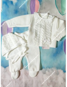 Conjunto Jersey, Polaina y Capota Lana blanco