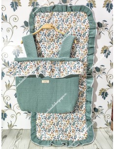 Bolso pocket volante Cremallera y Funda Universal volante entero Waffle verde jade y flores otoñales celeste
