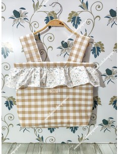 Bolso Pocket cremallera vichy beige cuadro mediano con volante en flores camel