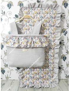 Bolso pocket volante Cremallera y Funda Universal volante entero Waffle gris y flores otoñales rosa